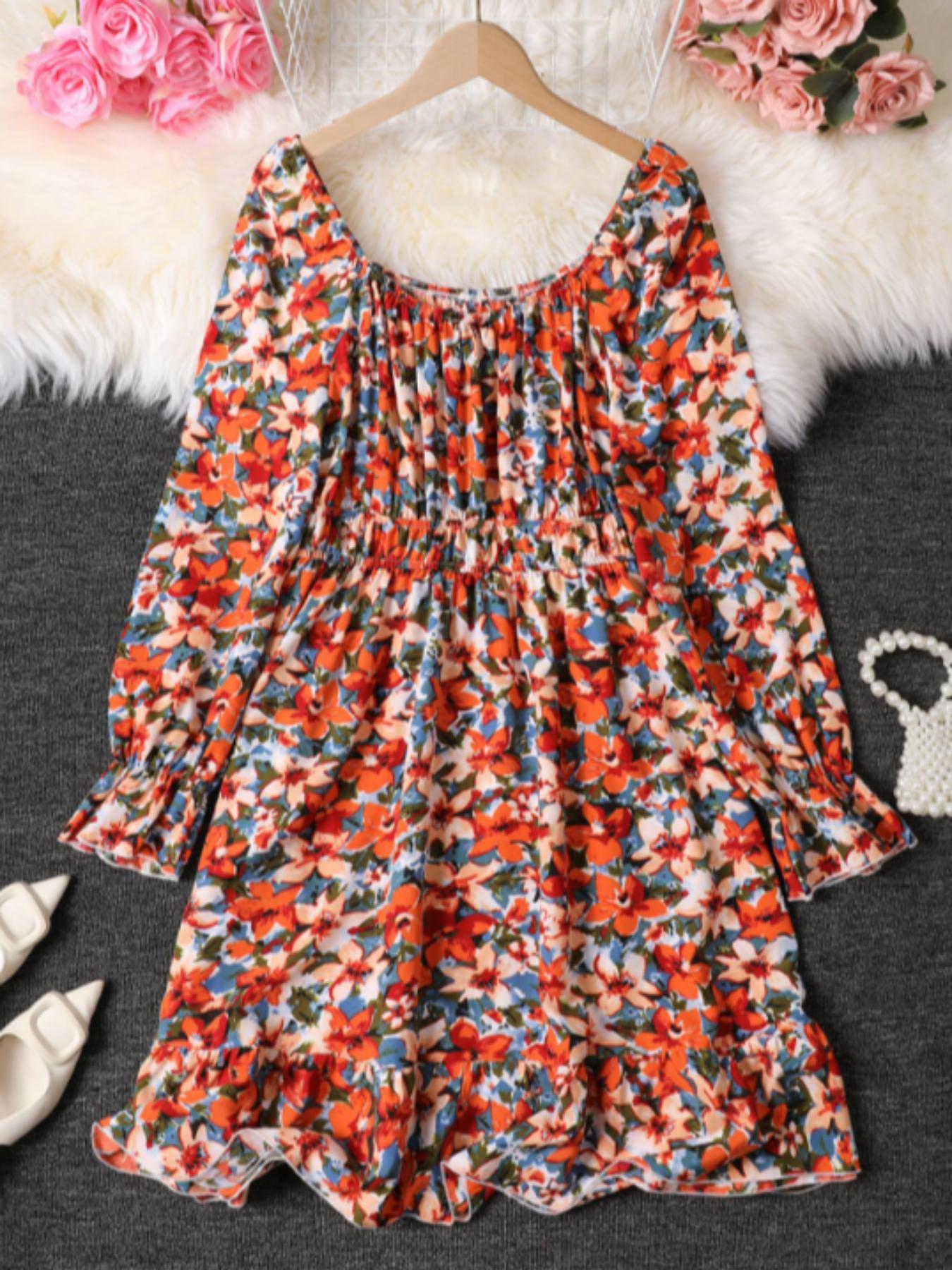 【Plus Size】 Summer Plain Casual Ruched Peplum Hem Flounce Sleeve Dress, Plus Elegant Scoop Neck Long Sleeve A Line Dress for Party Holiday Wedding Guest, Homecoming Dresses, Lady Plus Clothes for Fall & Winter