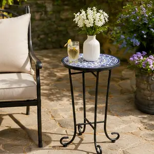 ARCH Outdoor Side Table with Ceramic Tile Top, 14x14x23.25 in, Powder-Coated Steel Frame, Weather-Resistant Patio End Table for Porch Deck Garden, Multiple Color Options Available, Black/Black+Blue/Brown+Black/Colorful Color Options