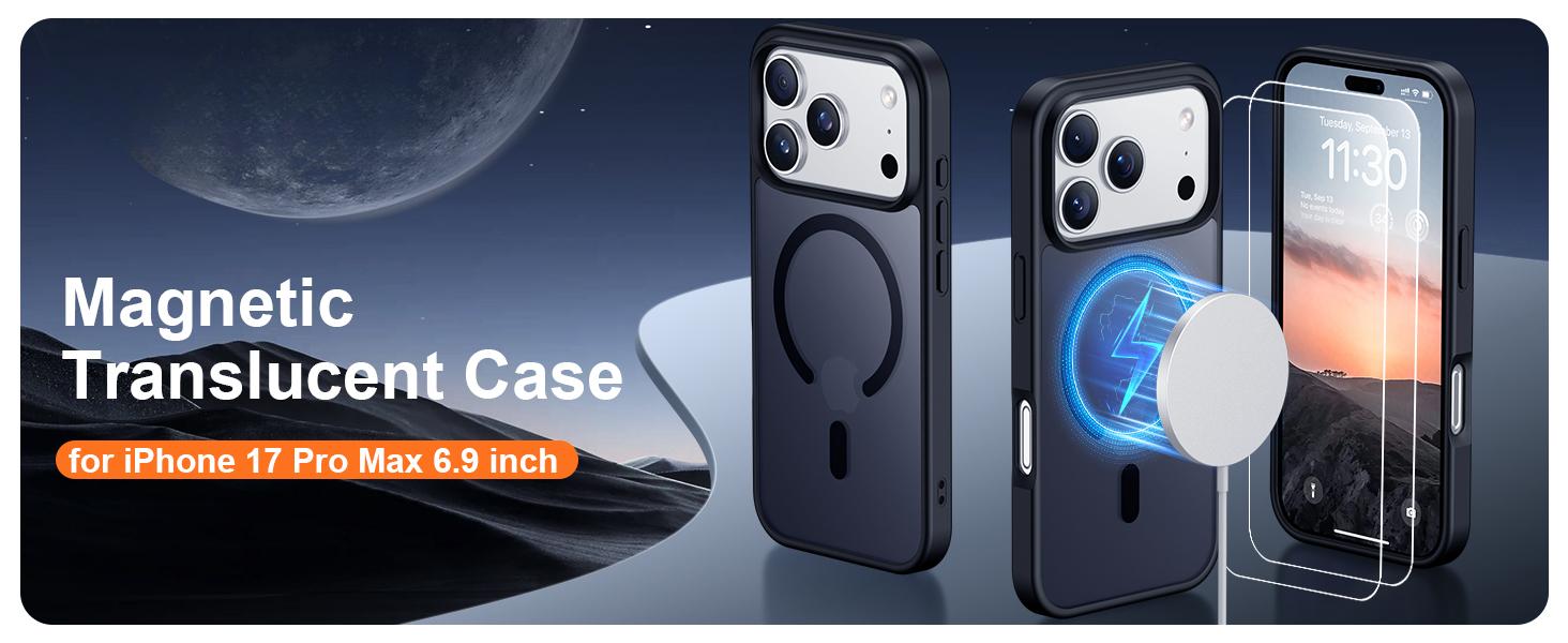 [2 Pack Screen Protector ]Magnetic Phone Cases for iPhone 17 Pro Max 16 15 14 13 12 Pro Max Plus Case, Magnetic Translucent Matte Case with 2PCS Tempered Glass Screen Protector Slim Phone Case for iPhone 17 Pro Max 6.9'', Black