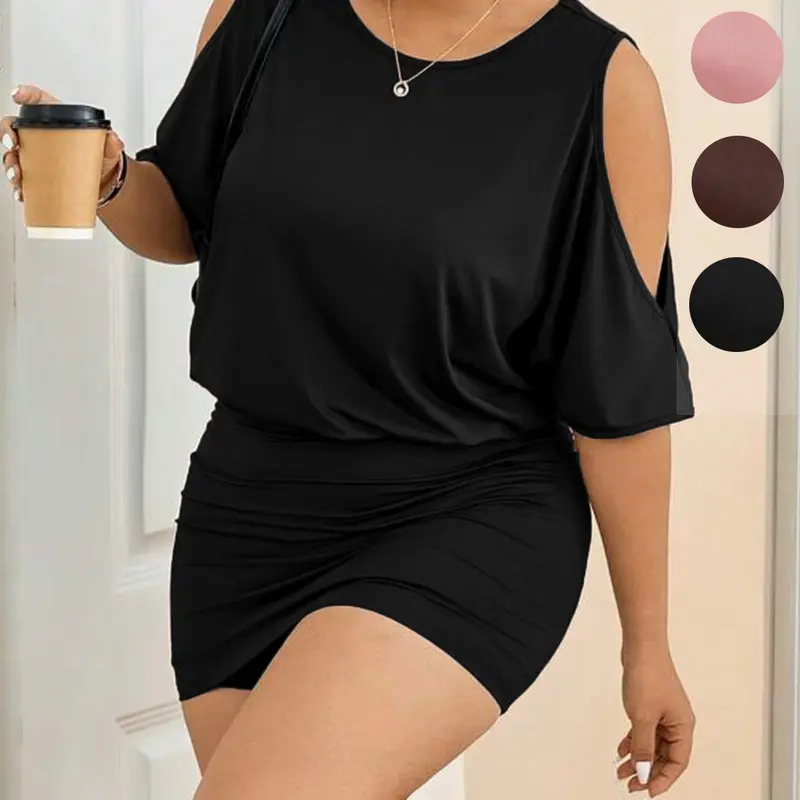 Plus-Size One-Piece Cold-Shoulder Cutout Short-Sleeve Ruched Bodycon Mini Dress, Casual Wear, Casual Dresses, Sexy Y2K Streetwear Chic Style in Soft Draped Fabric with Figure-Flattering High-Waist Ruched Skirt, Perfect for Curvy Women and Brunch Dates