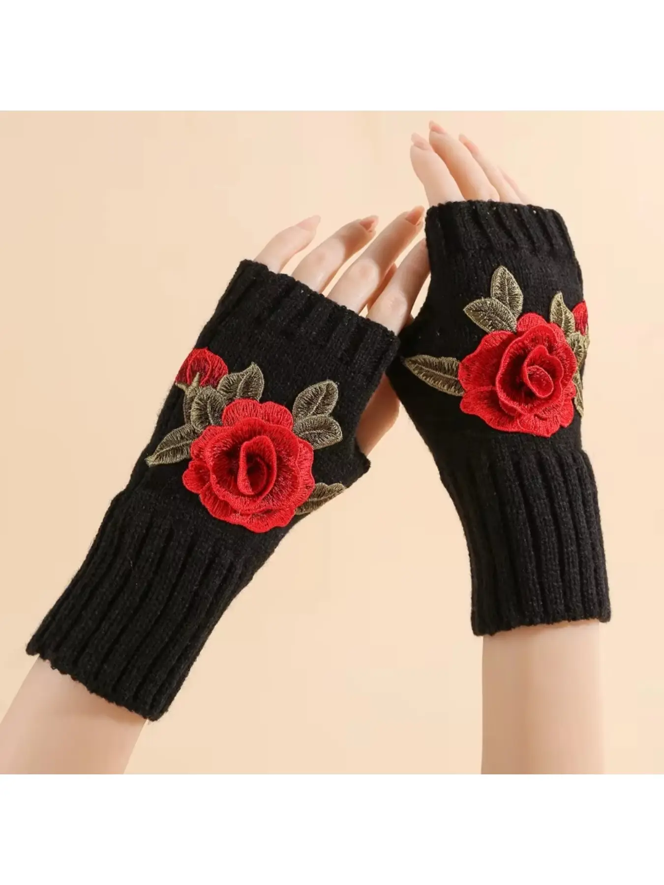 Autumn and winter knitted wool gloves, warm fingerless gloves with flower-patterned faux sleeves and half-finger sleeve covers