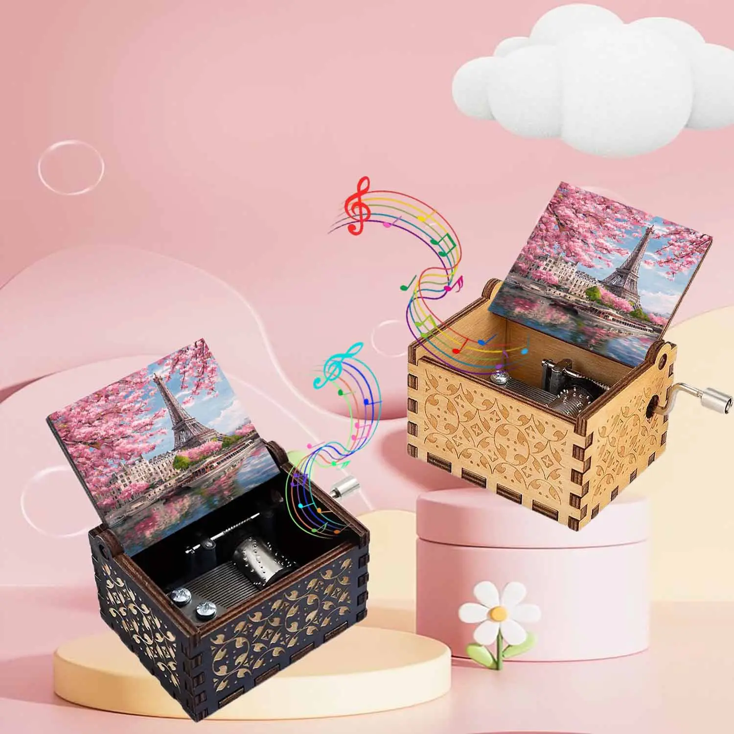 1pc Vintage Wooden Hand-Cranked Music Box, Romantic Eiffel Tower pattern, Play You Are My Sunshine, Music Box Gift for Family and Friends, Ideal for Birthdays, Christmas gifts, Home Decor Item,