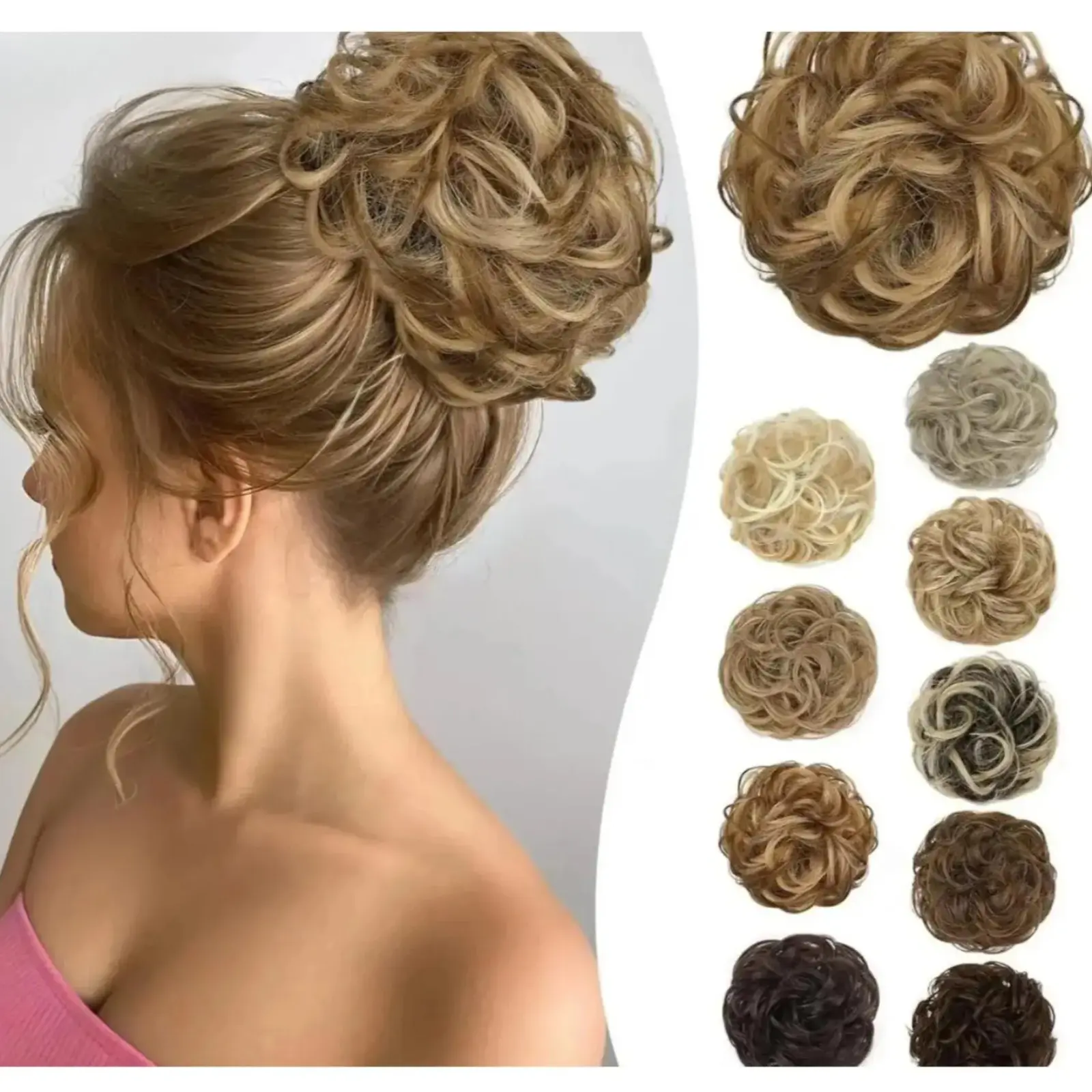 Iridescent messy bun hair piece with curly wave texture. Featuring stretchable band, it creates fluffy top knots and ponytails. Fashion hair accessory for women, perfect for sports and outdoor activities.