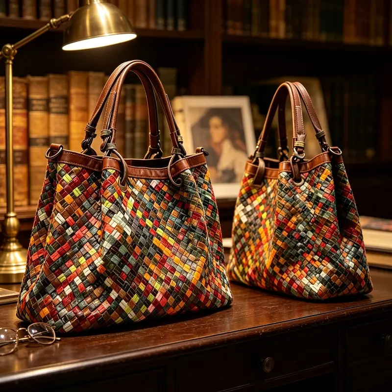 Vintage multi-color hand woven genuine leather women's crossbody bag, colorful patch woven large capacity shoulder bag, detachable and adjustable horizontal belt vintage top handle shopping bag, fashionable and artistic women's vacation beach handbag