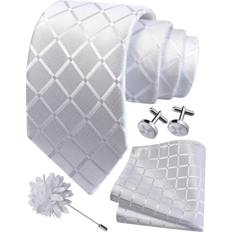 Men's Necktie Set - Solid White Checkered Silk Tie, 4-Piece Gift Pack with Pocket Square, Cufflinks & Lapel Pin for Formal Weddings, Silk Fabric, Checkered Look, Comfortable Wear, Set Pack, Solid Tie, Classic Tie