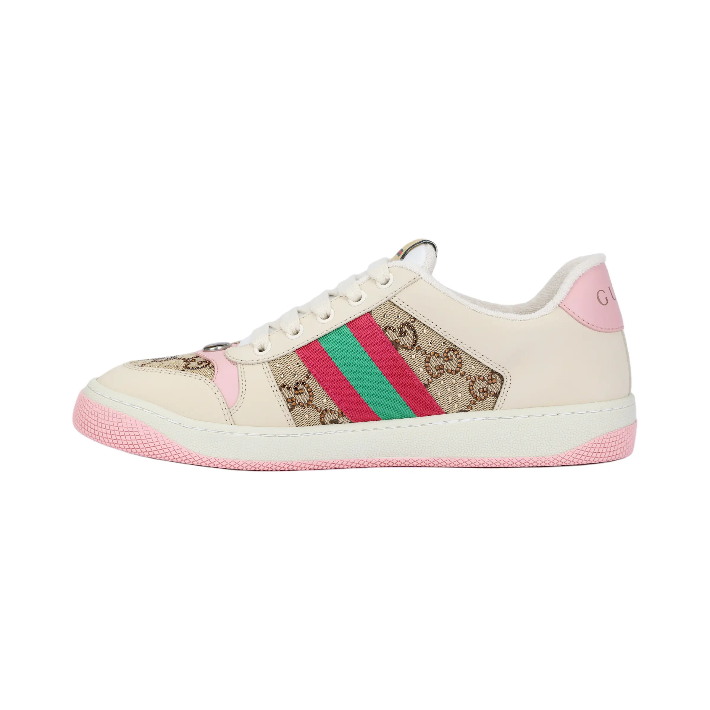 Gucci Screener Dirty Sneakers with GG Enamel and Crystal Embellishments, Vintage Logo Tag, Low-Top Fashion Shoes for Women in White, Brown, and Pink Verifiable, with credentials and supporting global authentication