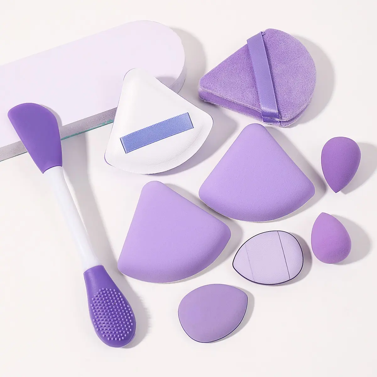 10-Piece Makeup Tool Set, Multi-Size Water Drop Sponge, Triangle Velvet Powder Puff, Dual-Head Silicone Brush, Dry Wet Use, Foundation, Concealer, Setting Powder
