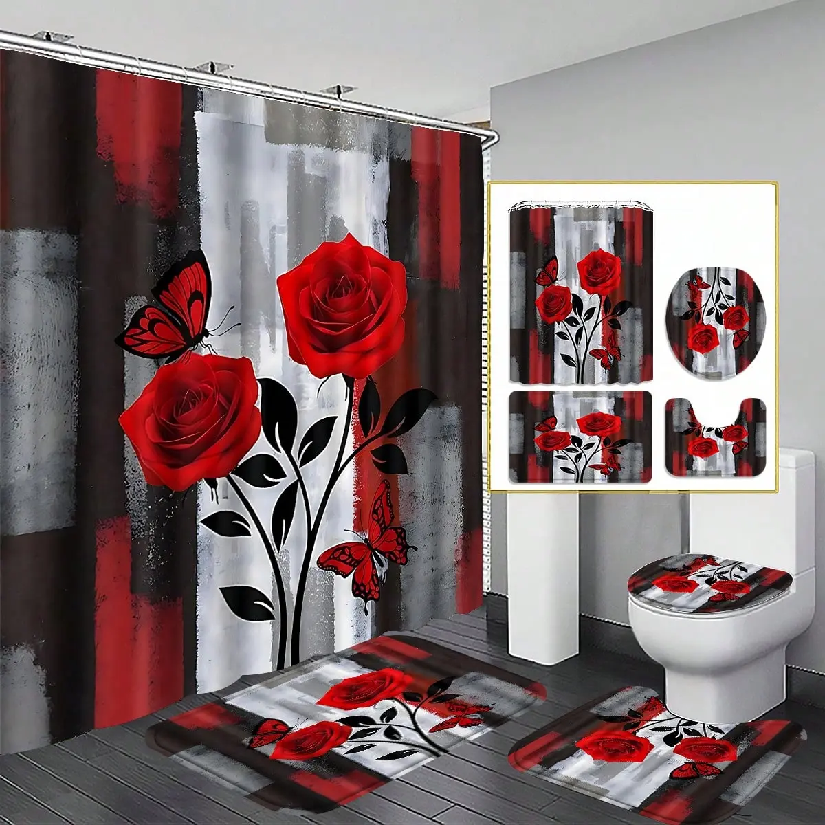 4-Piece Flannel Waterproof Bathroom Shower Curtain Set with Polyester Red Rose Butterfly Art Print, Retro Vintage Romantic Vibe, Contrasting Geometric Background, Non-Slip Mat, Toilet Cover, Bath Mat, 12 Plastic Hooks for Home Use, Four Pieces