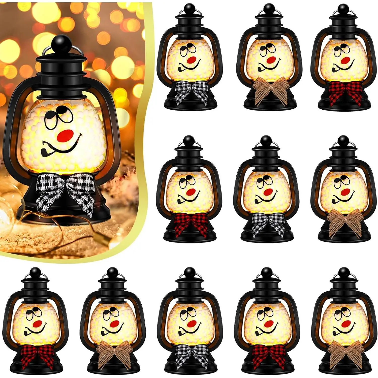 12 count Christmas Mini Snowman Lantern Decorative with Flickering LED Candle Buffalo  Bow Small Winter Portable Table Centerpiece for Xmas Tree Indoor Outdoor Party Decor (4 Inch,Black)