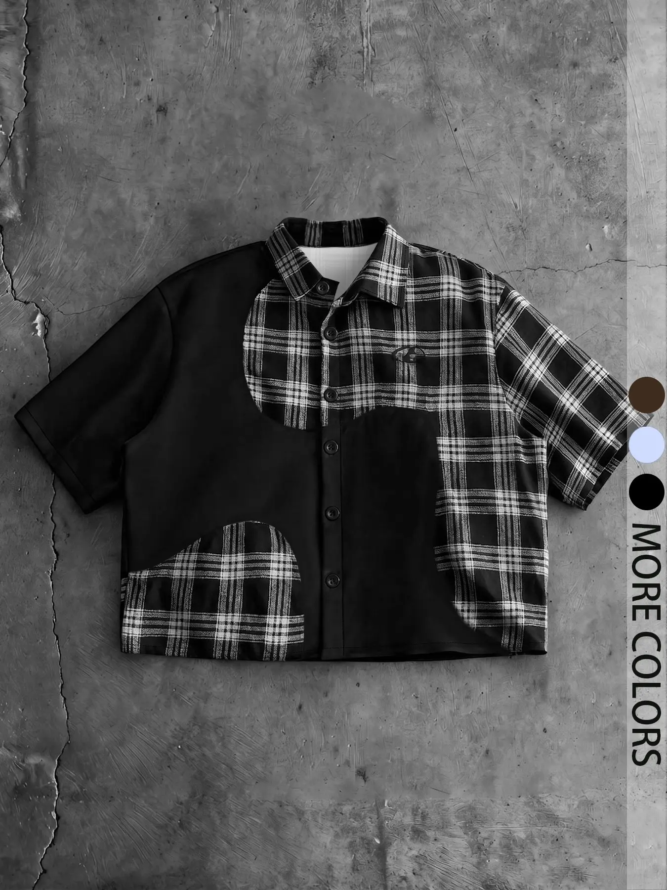 American Vintage Plaid Checked Short Sleeve Shirt for Men, Asymmetrical Color Block Loose Fit Casual Top, Unlined Plain Surface Design