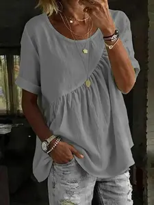 Spring Summer Women's Solid Color Round Neck Short Sleeve Drawstring Top T-Shirt Loose Fit, Casual Fashion Aesthetic Upper Garment for Everyday Wear
