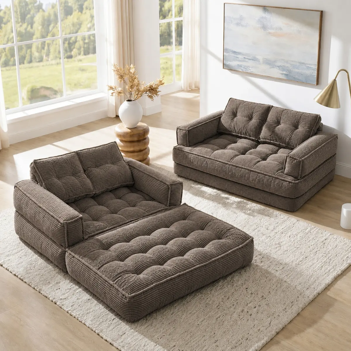 【Fahuac】51.18" 2-Seater Modular Corduroy Sofa with Chaise Lounge – 2-in-1 Convertible Floor Couch, Lazy Double Sofa with Armrest, Coffee, for Living Room, Bedroom & Game Room