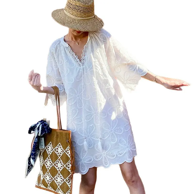 Women’s 100% Cotton Eyelet Embroidered Mini Dress – French-Inspired V-Neck Tassel Tie Relaxed Tunic Dress with Elbow Sleeves, Boho Vacation Resort and Beach Outfit