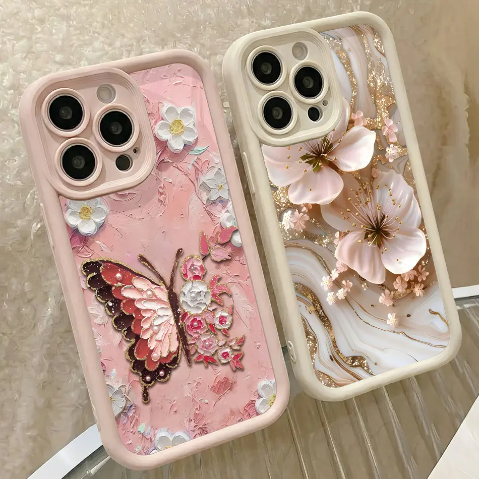 Luxury Gold Glitter Marble Floral Soft Liquid Silicone Smartphone Casing For iPhone 17E 16E 17Air 17 16 15 14 13 12 11 Pro Max Plus X XS Max Full-Coverage Design Phone Case, Shockproof Anti-Fall Protection Accessories ,