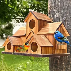 Outdoor Rustic Wooden Birdhouse, Multi-Layer Hanging Feeder, DIY Graffiti Compartments, Garden Decor, Bird Lover Gift, Bird Houses for Outside, Suitable for 12 Months