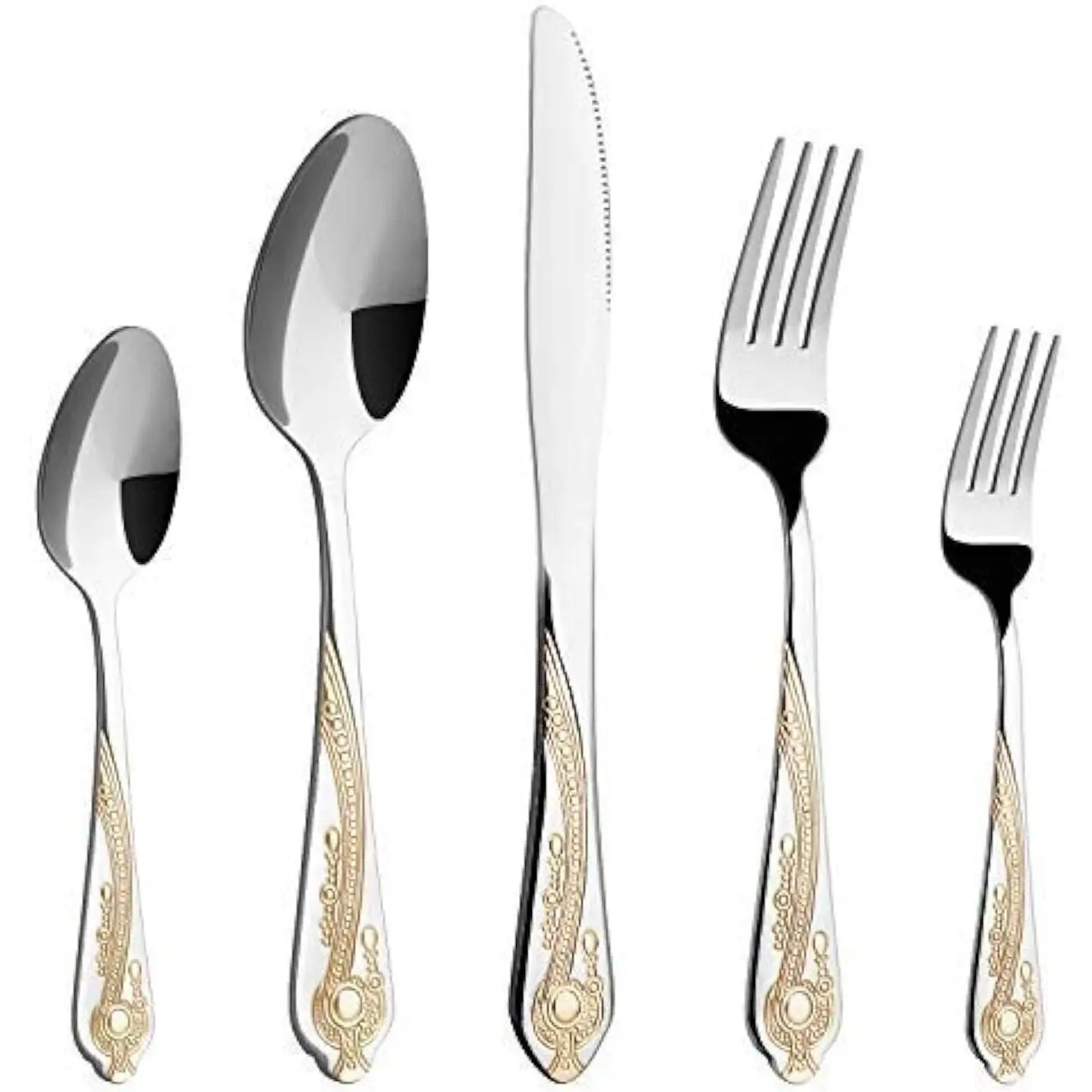 Silverware Set, 20 count Stainless Steel Golden Flatware Set for 4,  Tableware Set with 24K -Plated Trim, Eating Utensils,  for Family Gatherings & Daily Use(Prestige)