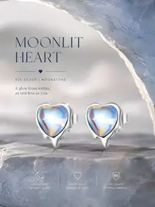 Women's S925 Sterling Silver Heart Shape Moonstone Earrings, Nickel-Free Hypoallergenic Jewelry for Daily Wear, Perfect Gift for Friends, Stud Earrings