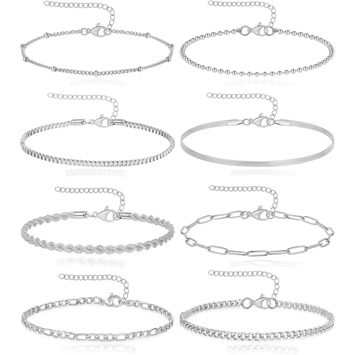 8 count Bracelets Stainless Steel Chain Bracelet  Bead Box Herringbone Rope Paperclip Figaro Cuban Link Bracelet for Women   Plated 6.5 Inches Adjustable