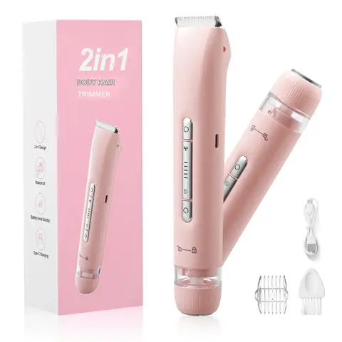 Betypeca Women's Rechargeable 2-in-1 Electric Bikini Trimmer-Facial Shaver - Smooth Dual Heads, Stainless Steel-Ceramic+Steel Blades, Waterproof Wet/Dry Hair Removal, Cleansing Brush, Comb, Storage, Beauty Gift