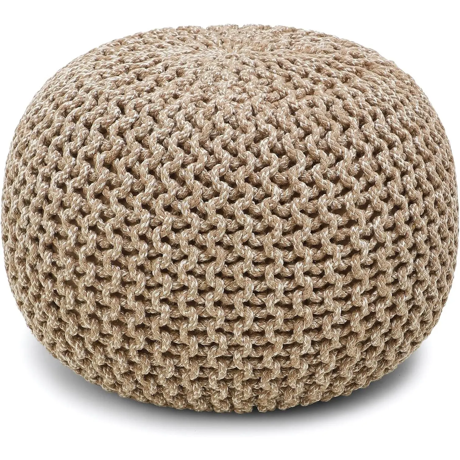 Round Pouf Ottoman - Hand Knitted Cable Boho Poof Home Décor Pouffe Circular Footrest for Living Room - Nursery - Bedroom - Lounge 100% Cotton (18”x18”x14”) - Beige Ivory