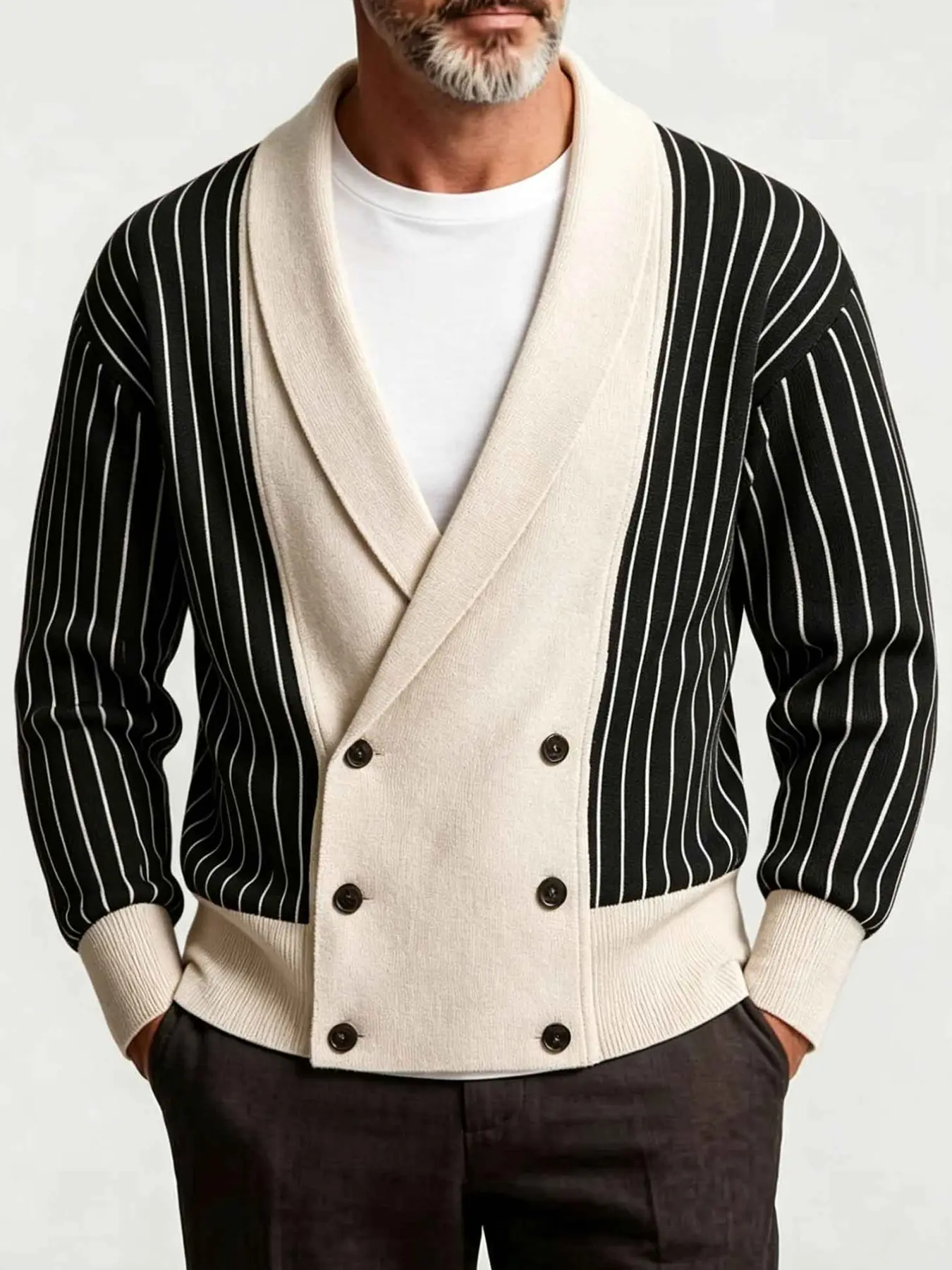 Men's Shawl Collar Cardigan Sweater, Double Breasted Vintage Knit Jacket, Casual Slim-Fitting Colorblock Design, Fall & Winter Wear