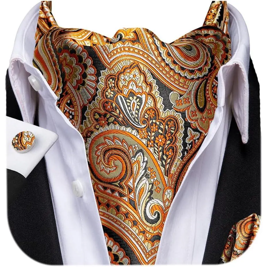 Paisley Floral Ascot for Men Self Tie Mens Cravat and Pocket Square Cufflinks Wedding