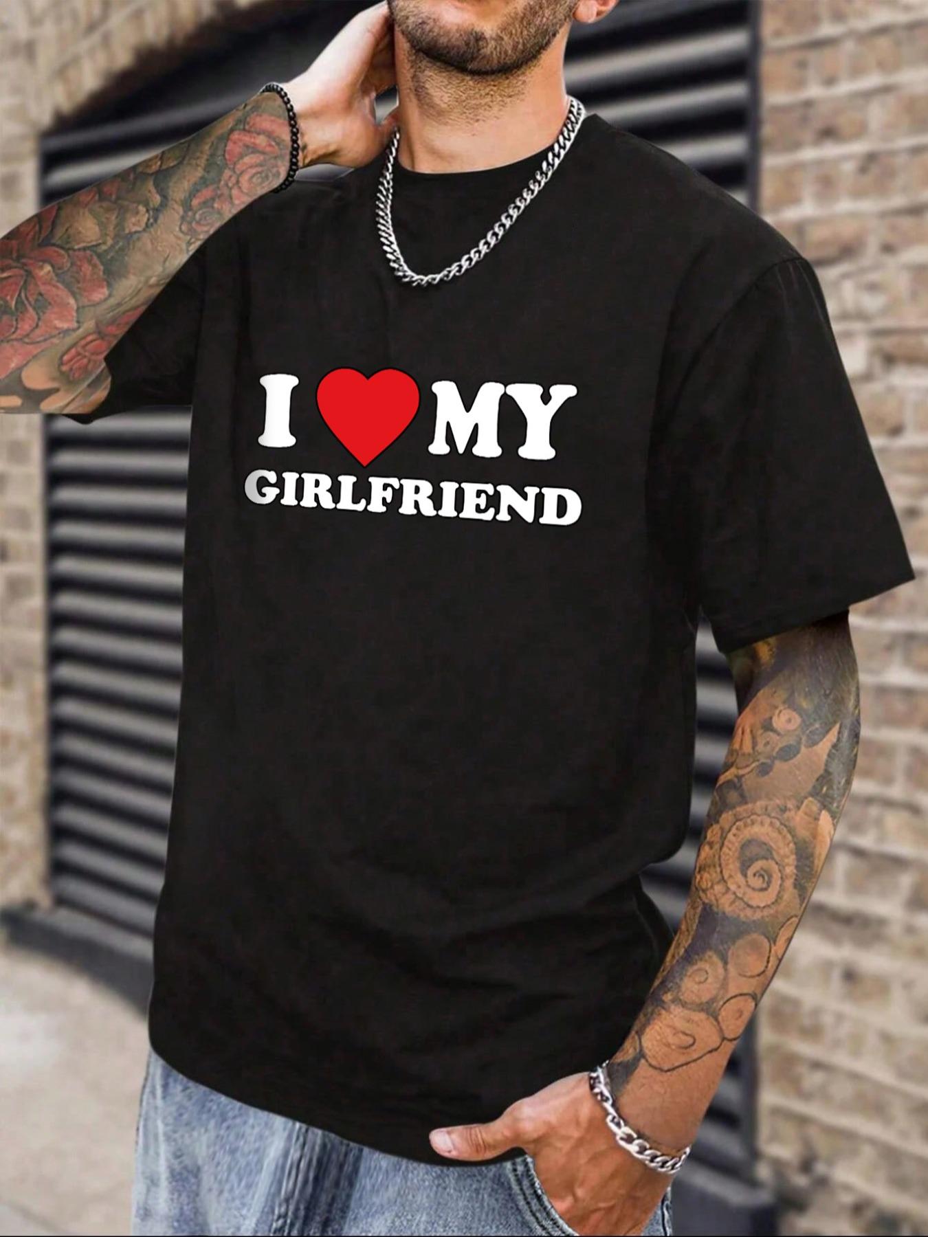 Men's Letter & Heart Print Round Neck Tee, Regular Fit Casual "I Love My GF" Print Short Sleeve T-shirt For Summer, Men's Top For Daily Outdoor,Men's Solid Color Crewneck Tee for Gym & Casual
