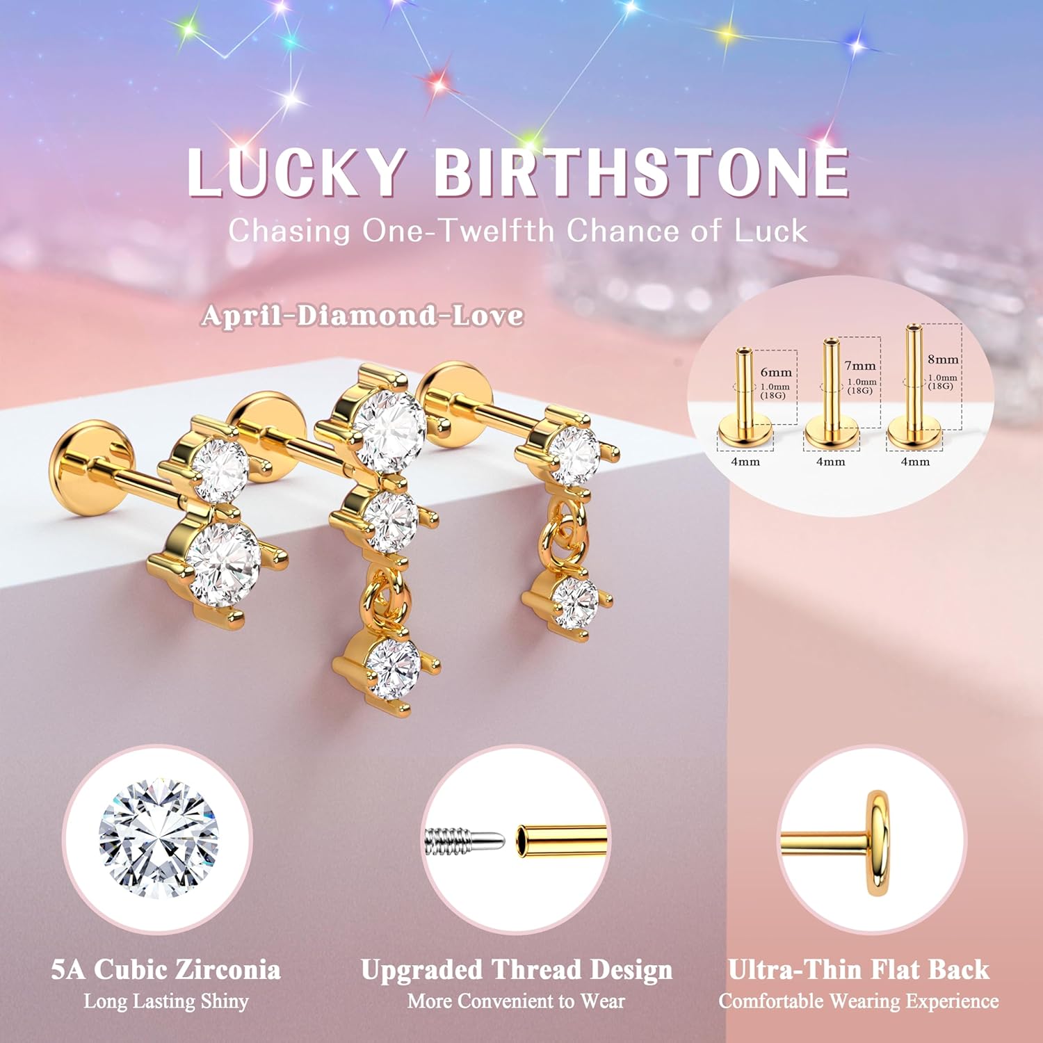 3 Pairs Flat Back Earrings Studs 18G-Hypoallergenic Cartilage Earring Sets for Multiple Piercing-Minimalist CZ Birthstone Drop Dangle Earrings Internal Thread Flatback Earring Stacks for Conch Tragus Helix Piercing Jewelry