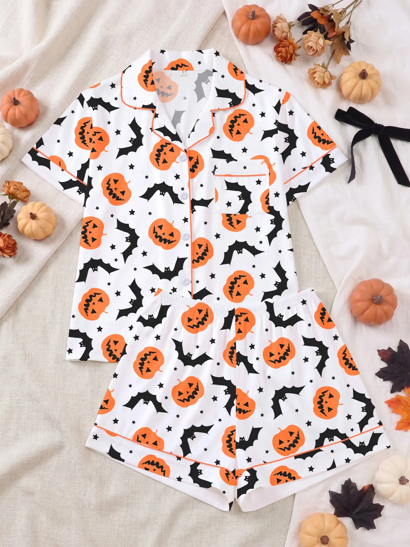 Halloween Pumpkin Bat Print Sleep Set, Comfortable Short Sleeve Button Shirt & Loose Elastic Shorts, Casual Home Wear for Women