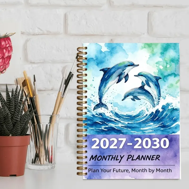 2027-2030 Monthly Custom Calendar - January 2027 to December 2030, four-year monthly custom calendar, watercolor dolphin-themed cover notebook, yearly custom calendar, month tabs, 48-month calendar, 13.97cm X 21.08cm thickened paper, elastic cover