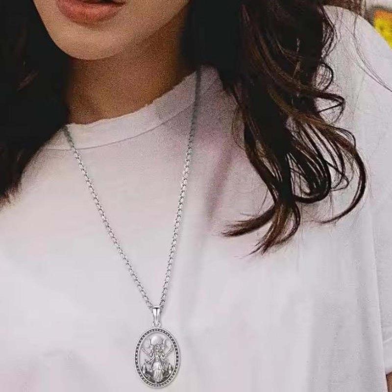 March Goddess Hecate Necklace Unisex Witch Jewelry Silver Tone Oval Pendant Daily Wear Spiritual Amulet Mystic Symbol Protection Accessory