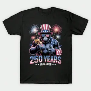 Patriotic Gorilla Uncle Sam 250th Anniversary 1776-2026 T-Shirt | American Independence Day Fireworks & USA Flag Sunglasses Graphic Tee for Men Women