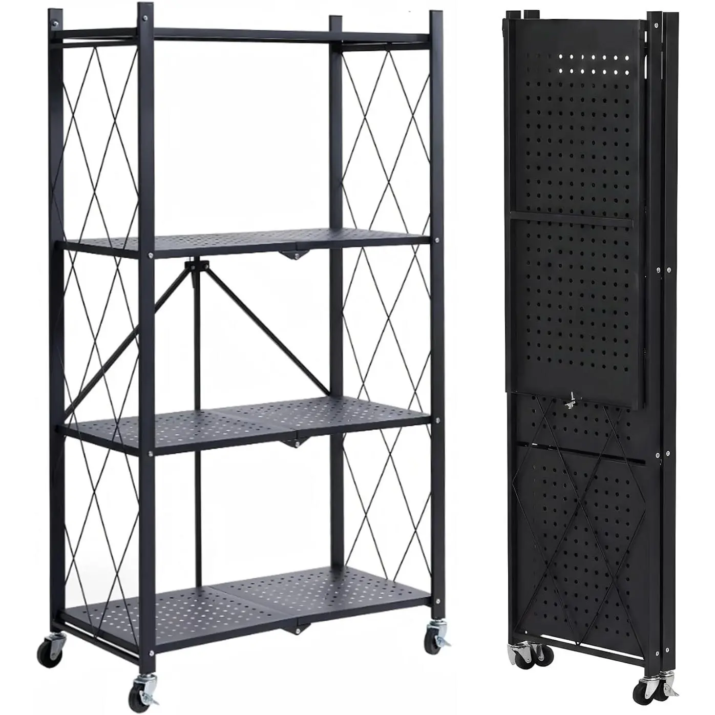 4 Tier Foldable Storage Shelf, Large Capacity Metal Shelf Rack, Rolling Bookshelf with Wheels, Wire Shelf Organizer for Kitchen, Pantry, Office, Garage, Basement, Black