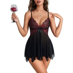 Goddess wardrobe ADOME Women Lingerie Lace Babydoll V Neck Sleepwear Chemise Strap Nightgown Mini Teddy Dress With Thong XS-4XL