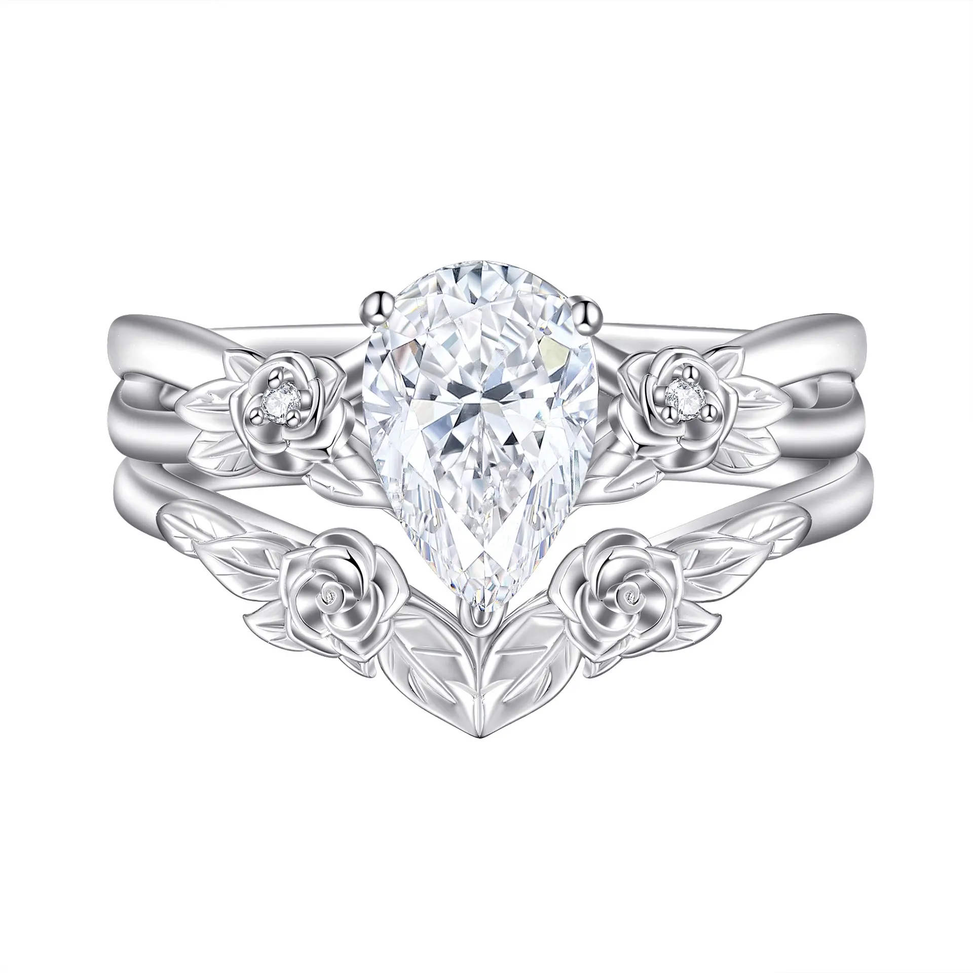 S925 Sterling Silver Rose Flower Ring for Women, Sparkling Pear Cut CZ Adjustable Floral Promise Ring Gift