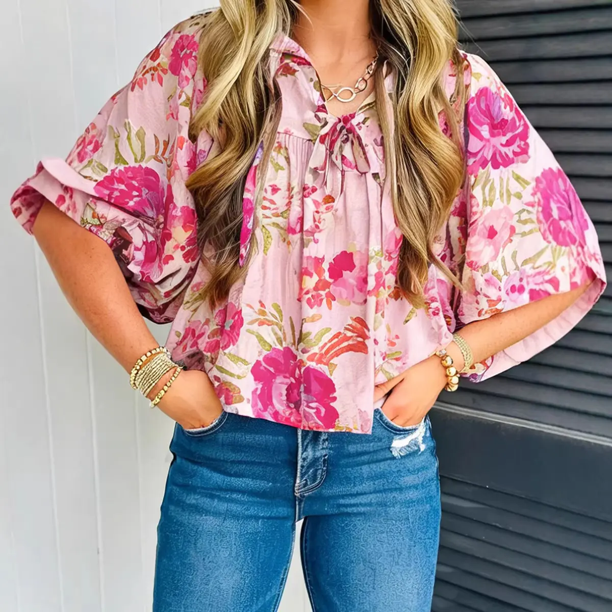 Women's Cute Blush Pink Floral Print Blouse with Tie-Neck Puff Half-Sleeves, Billowy Dressy Casual Top, Cute Tops, Dressy Casual Tops