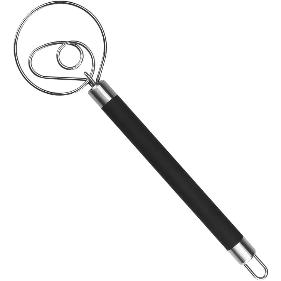 12 in Stainless Steel Dough Whisk with Rubber Anti-slip Handle - Portable, Lightweight, Sturdy Bakeware Utensils for Dutch Bread Baking, Manual Dough Mixing, Pastry Blending