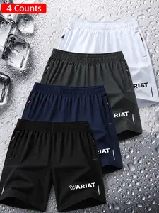 4-Piece Sporty Shorts Set, Outdoor Sports Shorts, Lightweight Workout Shorts, Breathable Athletic Shorts, Outdoor Casual Wear, Western Style, Brand Logo Print, Lightweight Quick-Dry Breathable Fabric, Unisex