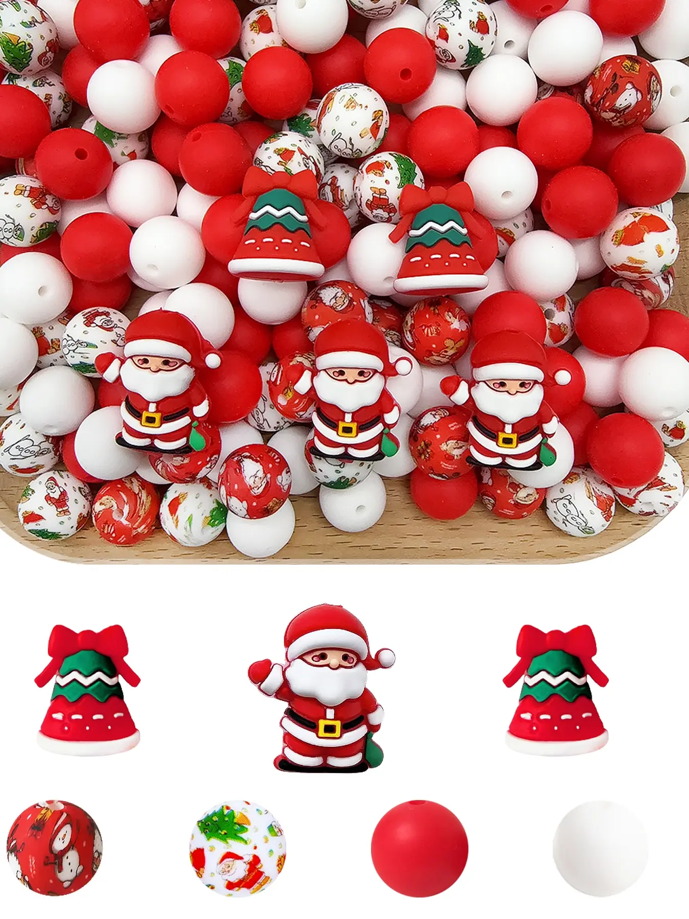 34pcs Christmas Bell Silicone Beads Set, Santa Claus Theme, and Cream Color, Ideal for DIY Jewelry, Holiday Crafts, Perfect Gift