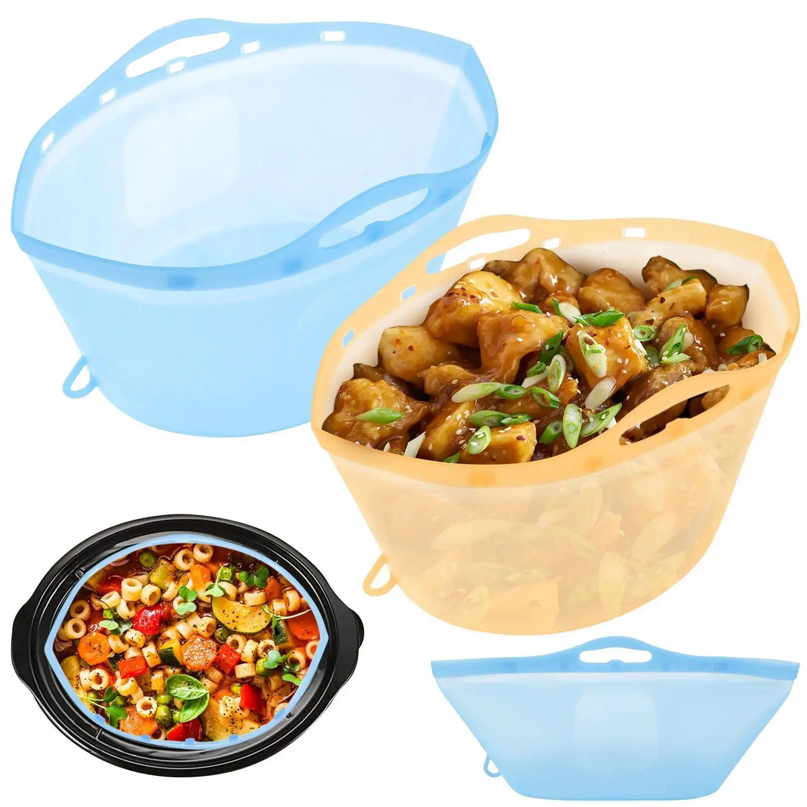 2Pcs Silicone Slow Cooker Liners Fits 6-10 QT Pot Orange and Blue Silicone Pot Liners Reusable Pot Bags Liners for Round or Oval
