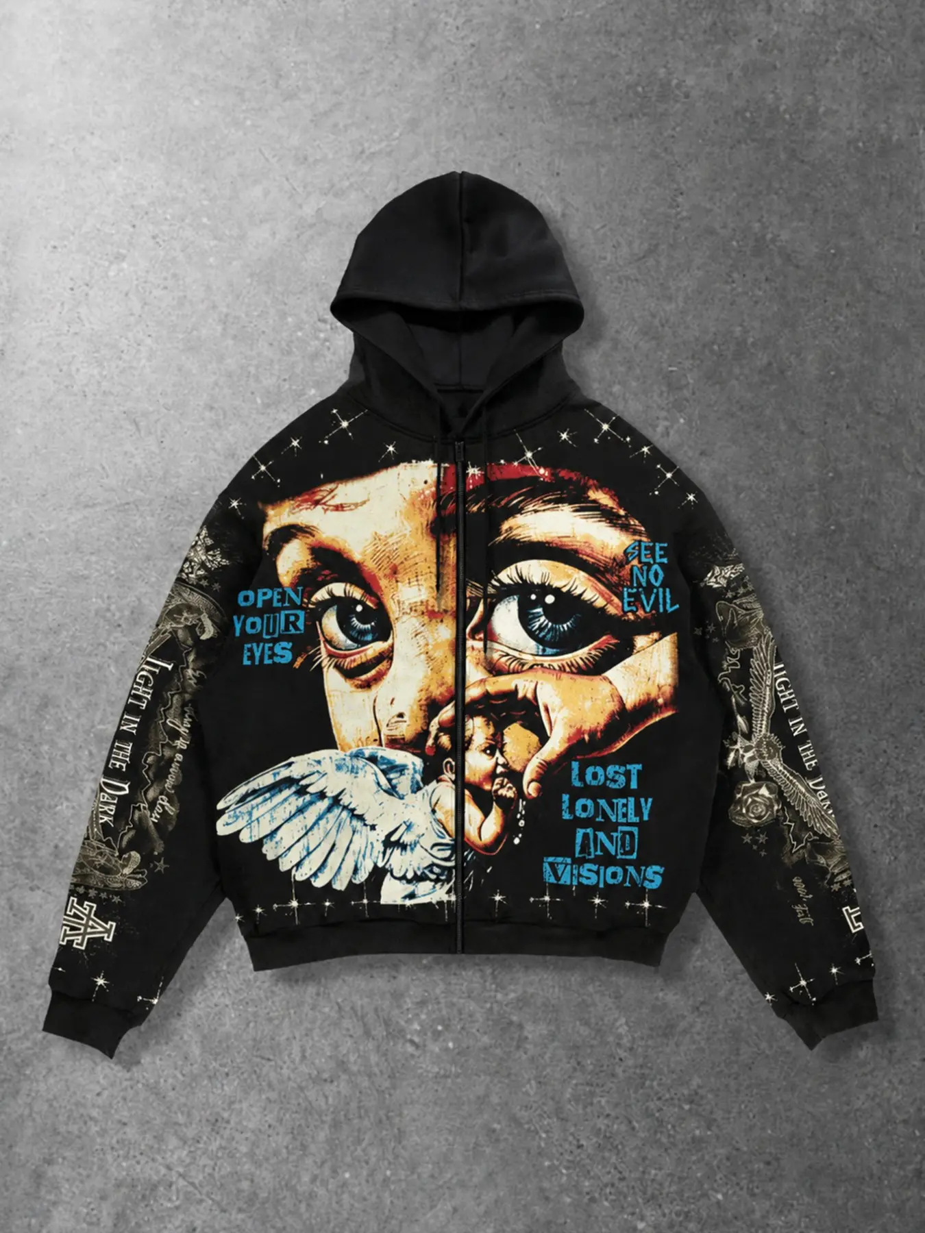 Men's American Vintage Angel Eyes Full Print Hooded Zipper Sweatshirt, Unisex High Street Fashion Loose Open Front Sweater