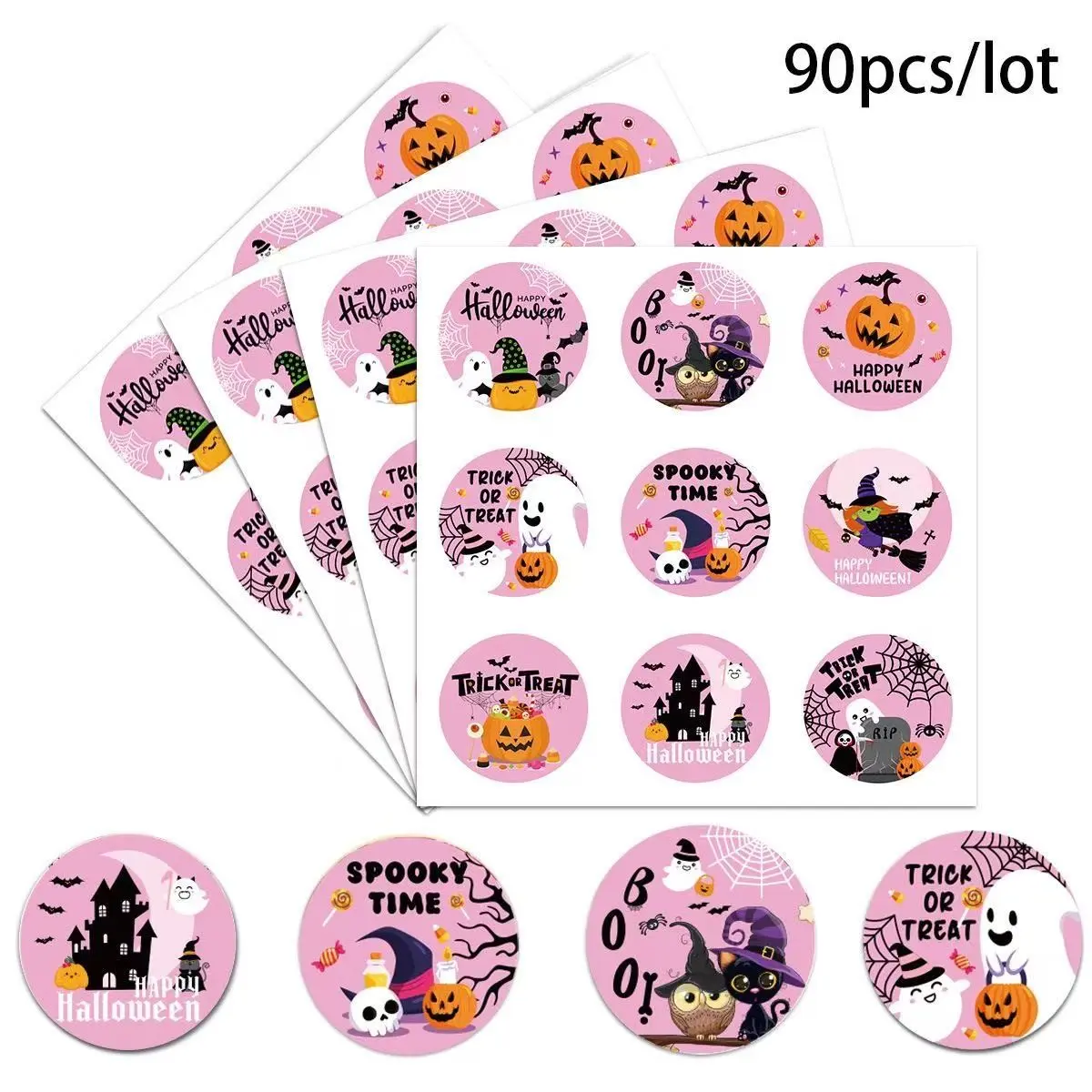 Halloween Removable Stickers Set, 90pcs Ghost Pumpkin Bat Design, Reusable Festive Gift Labels, Ideal for Packaging Boxes/bags, Handbags