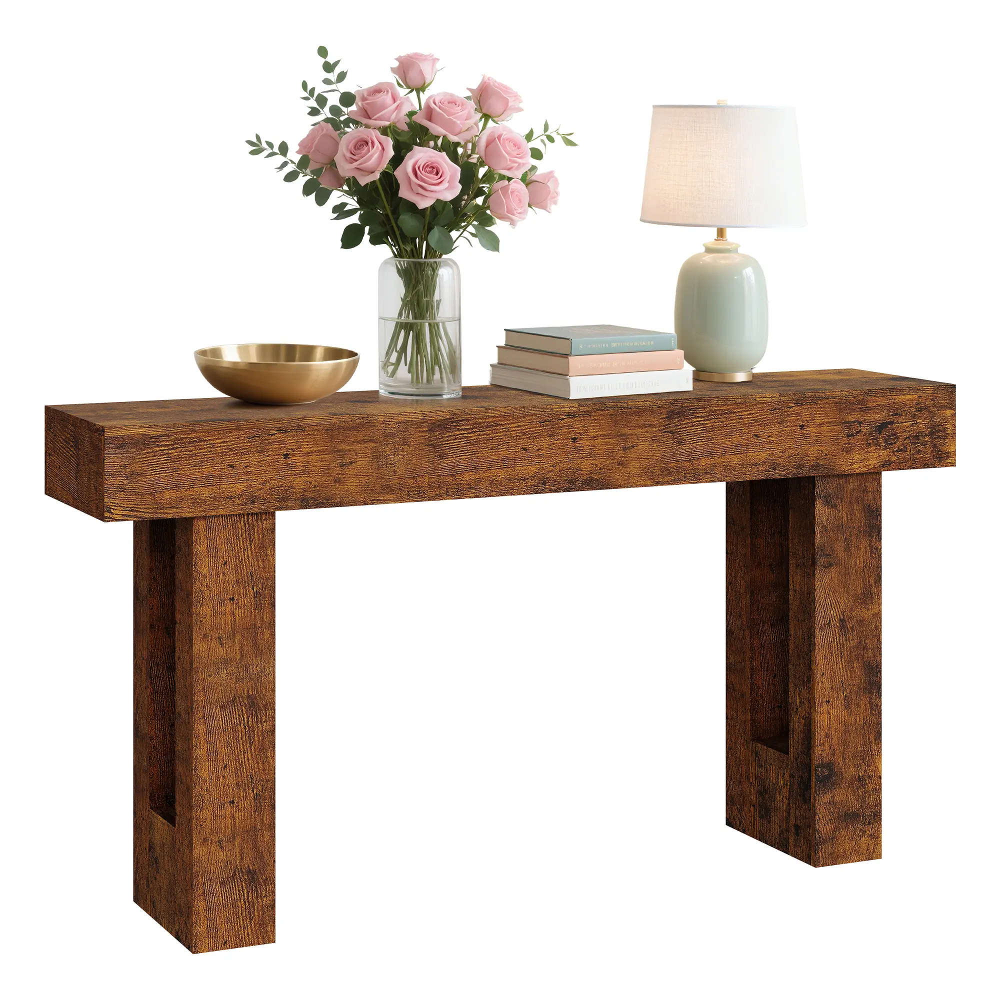 Minimalist Vintage Console Table – 61" Rustic Entryway Table with Open Shelves – Black Knife-Cut Wood Grain Sofa Side Table for Hallway, Living Room, Foyer, or Bedroom