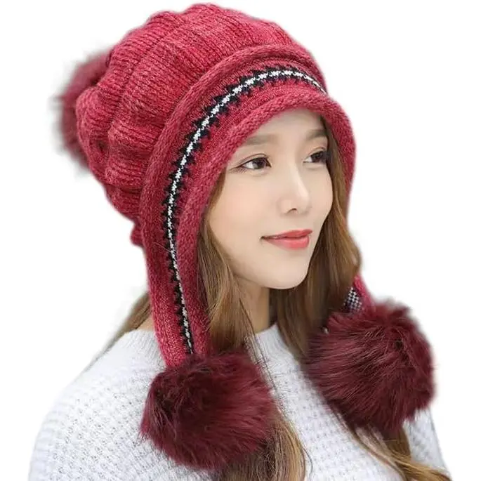 Winter Warm Elastic Soft Ear Protection Knitted Sherpa Ski Hats Fleece Lined Peruvian Cover Ears Beanie Hat