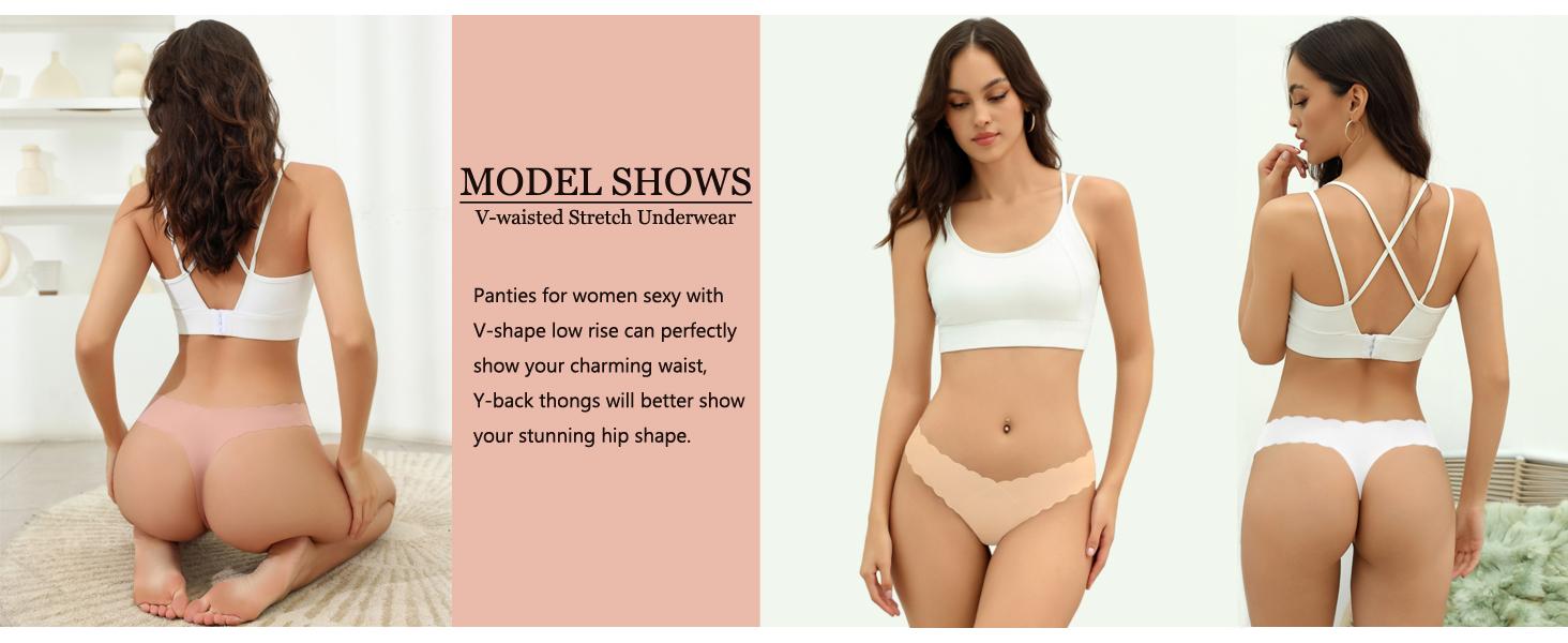 Bolivelan Women's Seamless Thong Low Rise Underwear No-Show Panty Lines Cotton Crotch Stretchy and Comfortable Panties 5 Pack