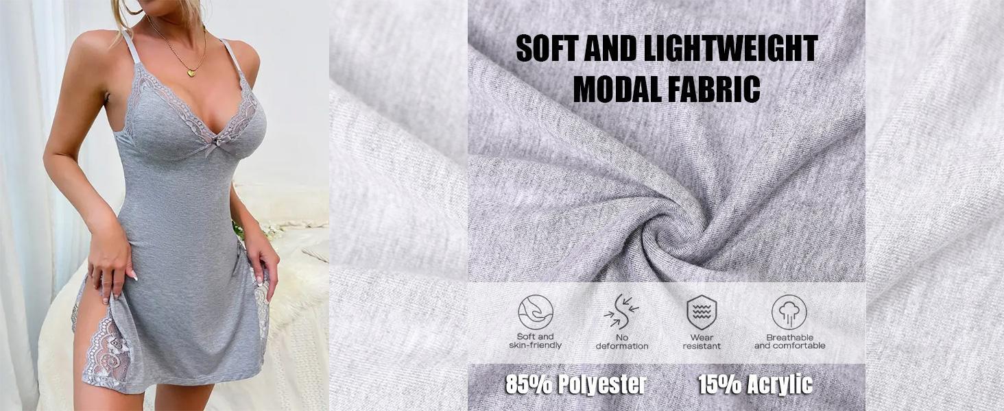 Women's Modal Nightgown with Lace Trim, Comfortable Cami Sleepshirt Featuring a Side Slit, Cozy Lounging & Bedtime Wear