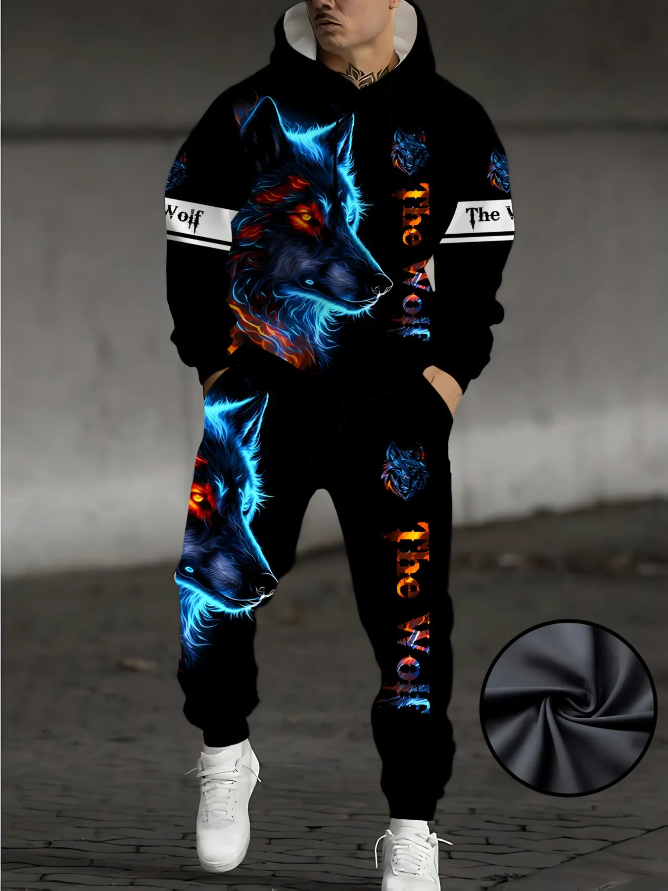 Men's Casual Sporty 3D Wolf Print Set, Hoodie and Pants Two-Piece, Street Style, Loose-Fit, Geometric Pattern, Daily Wear, Stylish Casual Tracksuit
