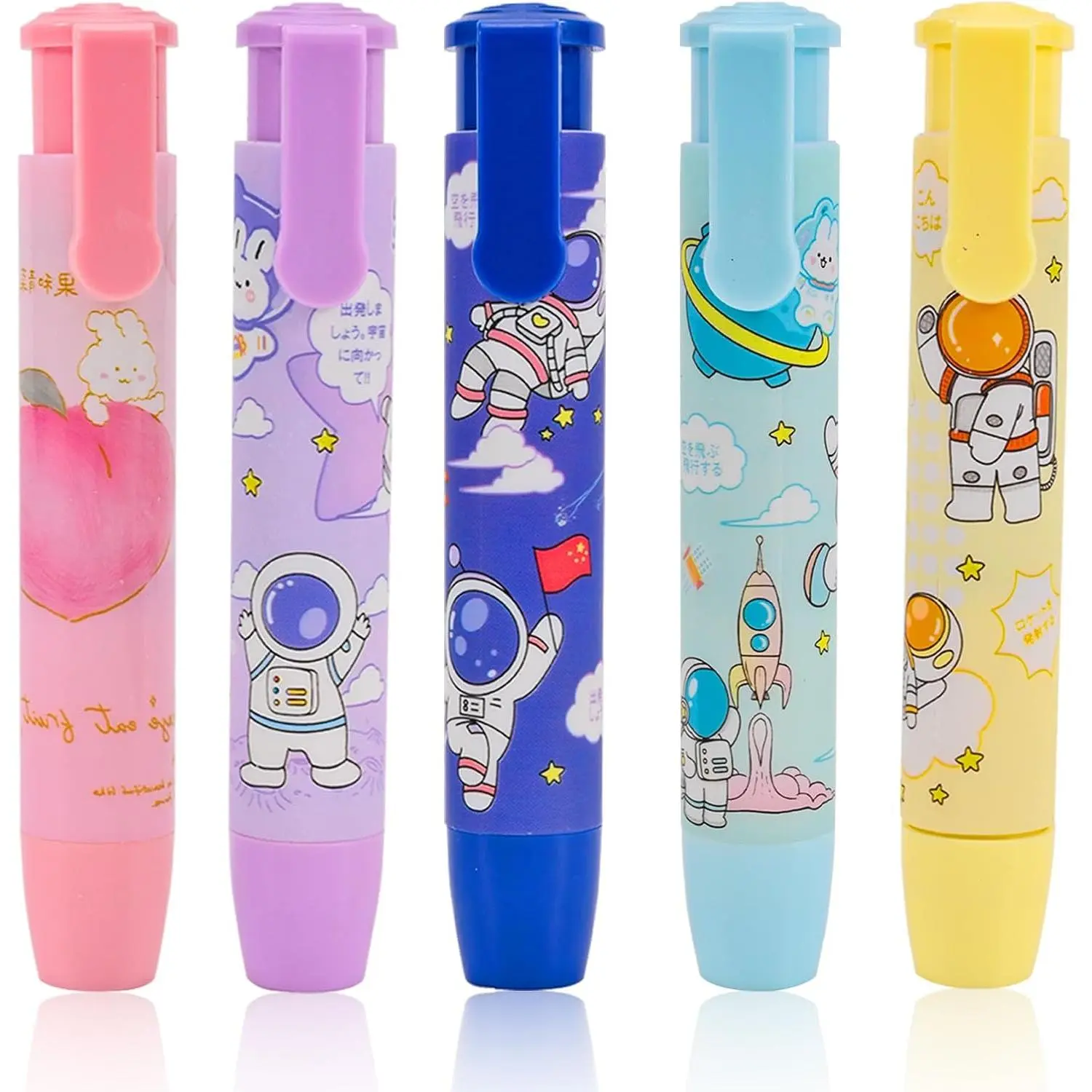 5-Count Retractable Pencil Rubber, Kawaii Cartoon-Look Quick-Erase Office Stationery, Multiple Styles Student Writing Correction Tool Suitable for Over 7 Yrs