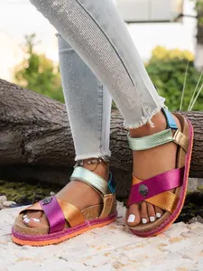 2026 Summer European Style Colorblock Leather Back Strap Sandals, Metal Head Decor, Straw Thick Sole, Open Toe, Beach Shoes for Women