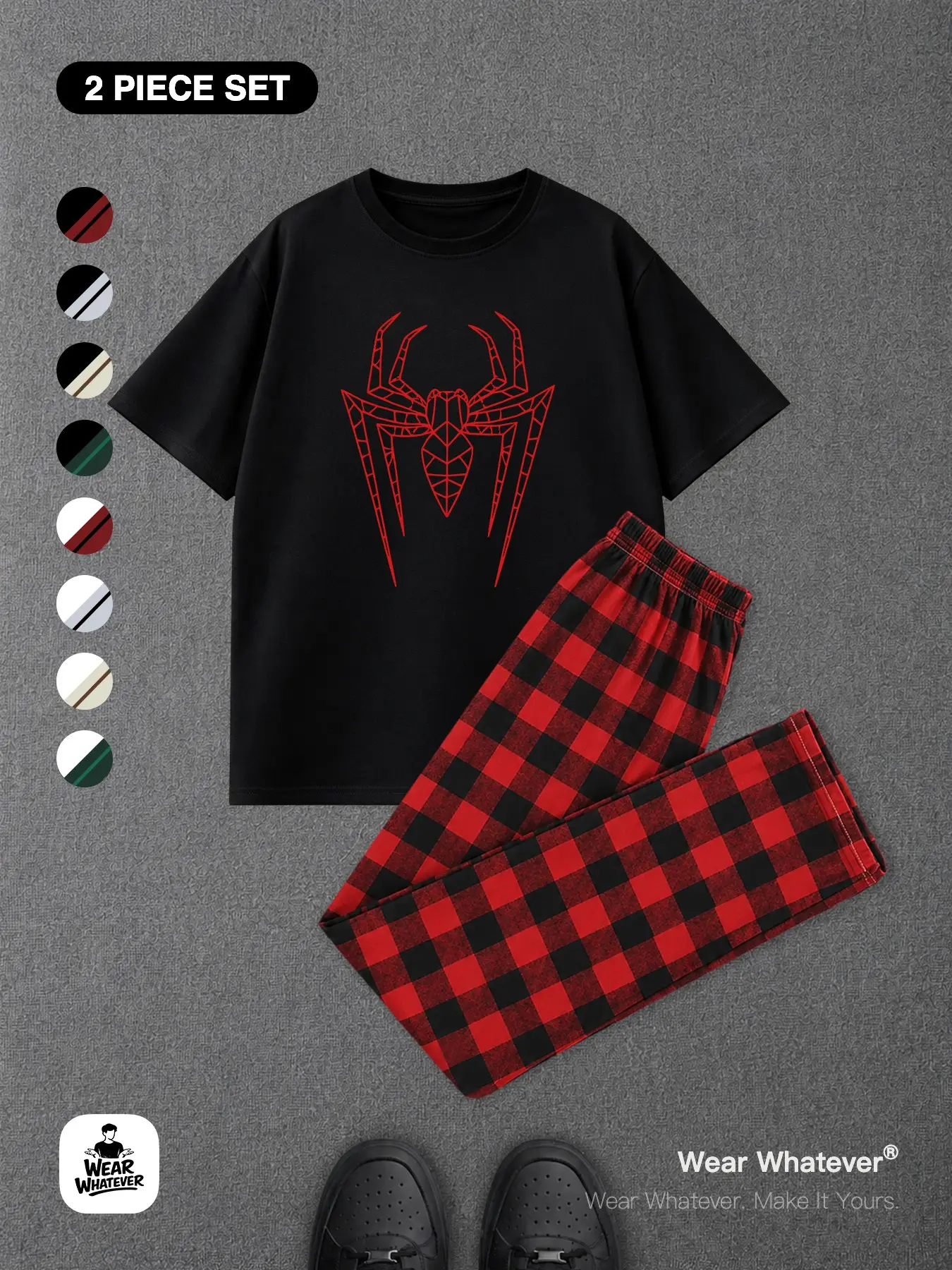 | 2-Piece Set | Classic Spider Print Graphic T-Shirt & Plaid Pants Set, Comfortable Breathable Loose-Fit Casual Wear, Ideal for Daily Home Use